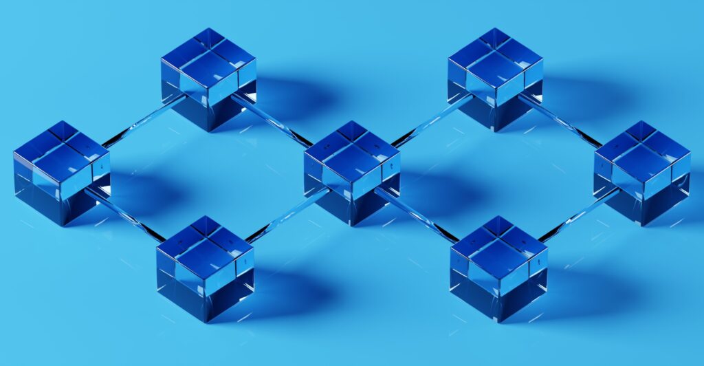 Image of blue, 3d, square boxes joined by straight lines