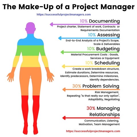 Outline of a figure divided up into sections to show the capabilities of a project manager
