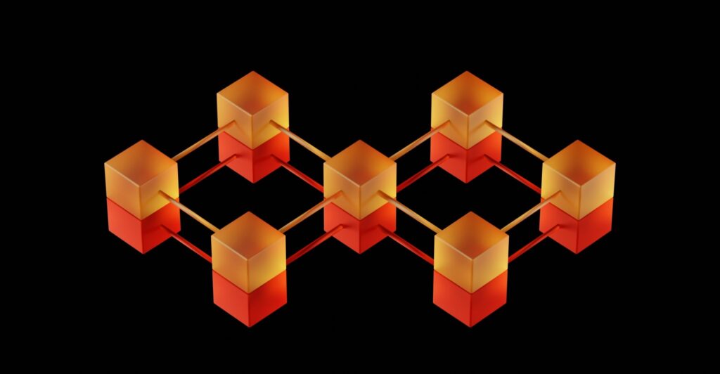 Image of joined-up orange 3-d boxes on a black background